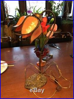 Antique Slag Stained Glass Petal Lotus Lamp Nice Condition