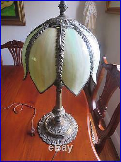 Antique Slag Stained Glass Tulip Shade and Metal Base Lamp