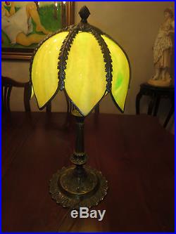 Antique Slag Stained Glass Tulip Shade and Metal Base Lamp
