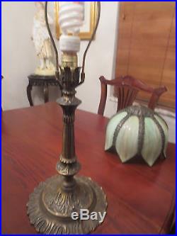 Antique Slag Stained Glass Tulip Shade and Metal Base Lamp