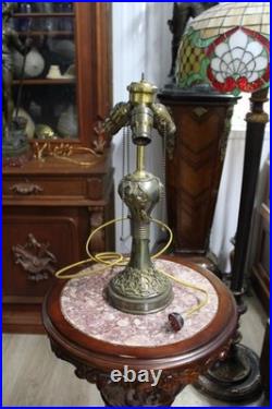 Antique Small Art Nouveau Table Lamp Base Leaded Slag Glass Shade Snake Flowers
