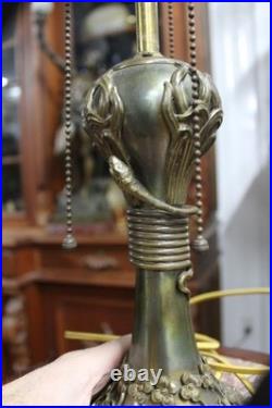 Antique Small Art Nouveau Table Lamp Base Leaded Slag Glass Shade Snake Flowers Antique Small Art Nouveau Table Lamp Base Leaded Slag Glass Shade Snake Flowers