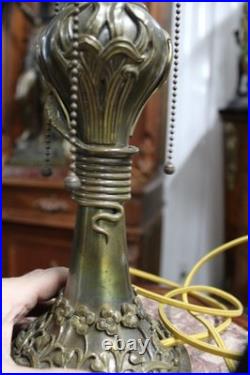 Antique Small Art Nouveau Table Lamp Base Leaded Slag Glass Shade Snake Flowers