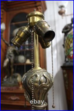 Antique Small Art Nouveau Table Lamp Base Leaded Slag Glass Shade Snake Flowers