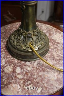 Antique Small Art Nouveau Table Lamp Base Leaded Slag Glass Shade Snake Flowers