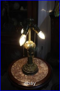 Antique Small Art Nouveau Table Lamp Base Leaded Slag Glass Shade Snake Flowers
