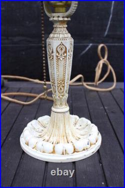 Antique Small Size Art Nouveau Slag Glass Table Boudoir Lamp Painted Glass