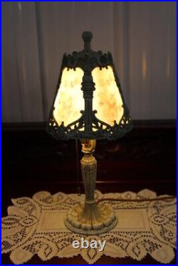 Antique Small Size Art Nouveau Slag Glass Table Boudoir Lamp Painted Glass