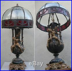 Antique Spelter Cherub lamp Ruby SLAG glass shade Figurine Vintage French Nouvea