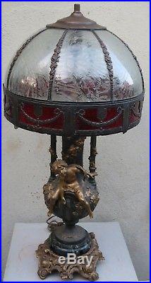 Antique Spelter Cherub lamp Ruby SLAG glass shade Figurine Vintage French Nouvea