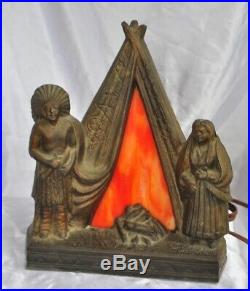 Antique Spelter Figural Native American Stained Slag Glass TeePee Fire Lamp FS