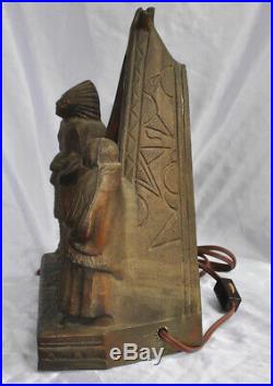 Antique Spelter Figural Native American Stained Slag Glass TeePee Fire Lamp FS