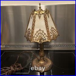 Antique Spider Web Edwardian 6-panel Slag Glass Castmetal Lamp 1913 Miller Co