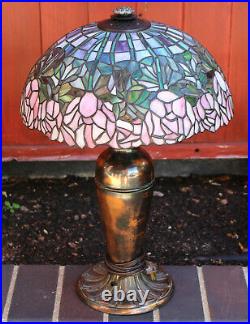 Antique Stained Mosaic Leaded Glass Miller Slag Lamp Blue Pink Roses Flowers ML