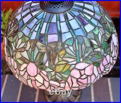 Antique Stained Mosaic Leaded Glass Miller Slag Lamp Blue Pink Roses Flowers ML