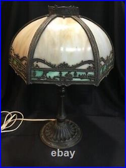 Antique Stained Slag Glass Lamp Landscape with Houses Overlay Bradley & Hubbard