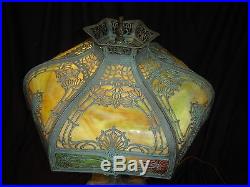 Antique Stained Slag Glass Verdigri Art & Craft Mission Tiffany Style Lamp 1925