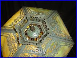Antique Stained Slag Glass Verdigri Art & Craft Mission Tiffany Style Lamp 1925