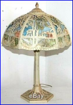 Antique Stunning Arts & Crafts 12 Panel Bent Slag Glass Silhouette Lamp B&h Era