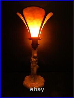 Antique THE CAPTIVE Lady Figural Lamp With Vintage Slag Glass Shade
