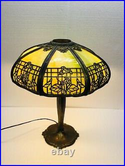 Antique Table Lamp Empire Lamp Co Chicago Morning Glories 8 Panel Slag Glass 17