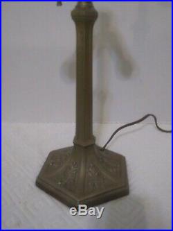 Antique Table Lamp with Carmel & Blue Slag Glass and Ornate Filagree Brass Base