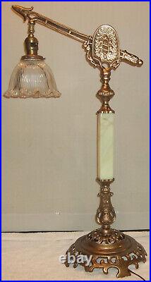 Antique Table Top Houze Slag Glass Arrow Bridge Lamp Holophane Shade Restored