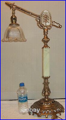 Antique Table Top Houze Slag Glass Arrow Bridge Lamp Holophane Shade Restored