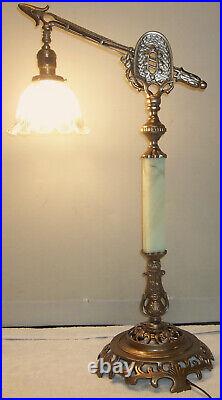 Antique Table Top Houze Slag Glass Arrow Bridge Lamp Holophane Shade Restored
