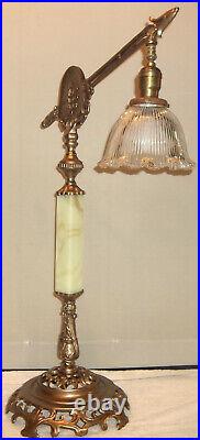 Antique Table Top Houze Slag Glass Arrow Bridge Lamp Holophane Shade Restored