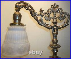 Antique Table Top Houze Slag Glass Bridge Lamp Frosted Glass Shade Rewired No. 4