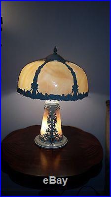 Antique Tall Ornate Slag Glass Panel Table Lamp