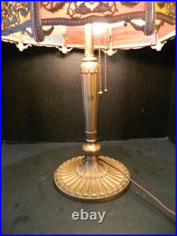 Antique Three Toned Slag Glass Filigree Bronze Colored Lamp 20.5 x 15Excellent