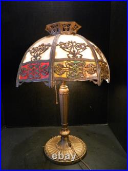 Antique Three Toned Slag Glass Filigree Bronze Colored Lamp 20.5 x 15Excellent Antique Three Toned Slag Glass Filigree Bronze Colored Lamp 20.5 x 15Excellent