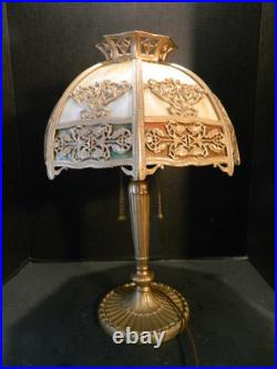 Antique Three Toned Slag Glass Filigree Bronze Colored Lamp 20.5 x 15Excellent