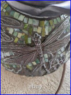 Antique Tiffany Style Dragon Fly Table Lamp Base Green Slag Glass Squares Bronze