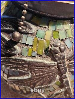 Antique Tiffany Style Dragon Fly Table Lamp Base Green Slag Glass Squares Bronze