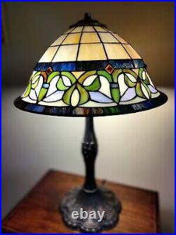 Antique Tiffany Style Lamp of Caramel Slag Glass Blues & Green of Iris Flowers