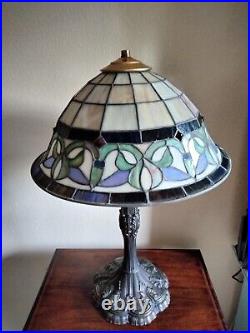 Antique Tiffany Style Lamp of Caramel Slag Glass Blues & Green of Iris Flowers