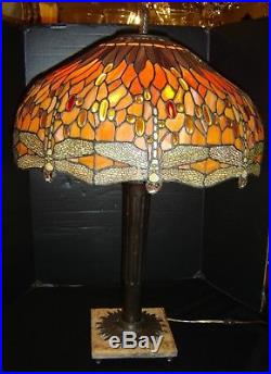 Antique Tiffany Style Table Lamp Exceptional Slag Glass Dragonfly Shade C1930'S