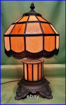 Antique Tiffny Panel Caramel & Brown Slag Lamp Top & Bottom Light Up 16