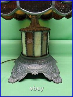 Antique Tiffny Panel Caramel & Brown Slag Lamp Top & Bottom Light Up 16