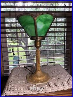 Antique Torchiere Style Metal 14 Table Lamp With Green Slag Shade