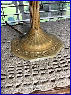 Antique Torchiere Style Metal 14 Table Lamp With Green Slag Shade