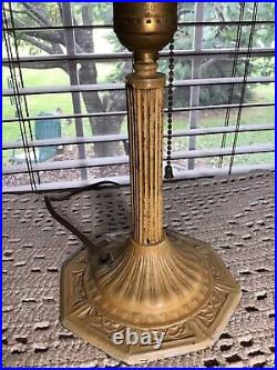 Antique Torchiere Style Metal 14 Table Lamp With Green Slag Shade