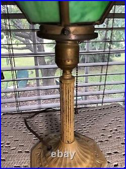 Antique Torchiere Style Metal 14 Table Lamp With Green Slag Shade