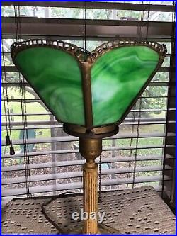 Antique Torchiere Style Metal 14 Table Lamp With Green Slag Shade