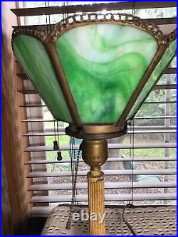 Antique Torchiere Style Metal 14 Table Lamp With Green Slag Shade