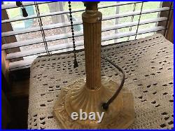 Antique Torchiere Style Metal 14 Table Lamp With Green Slag Shade