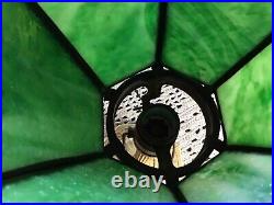 Antique Torchiere Style Metal 14 Table Lamp With Green Slag Shade